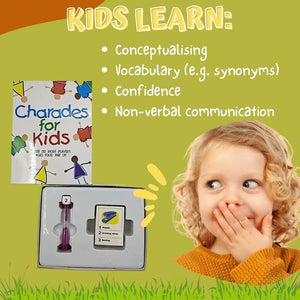 Charades for Kids Board Game info graphic what kids learn