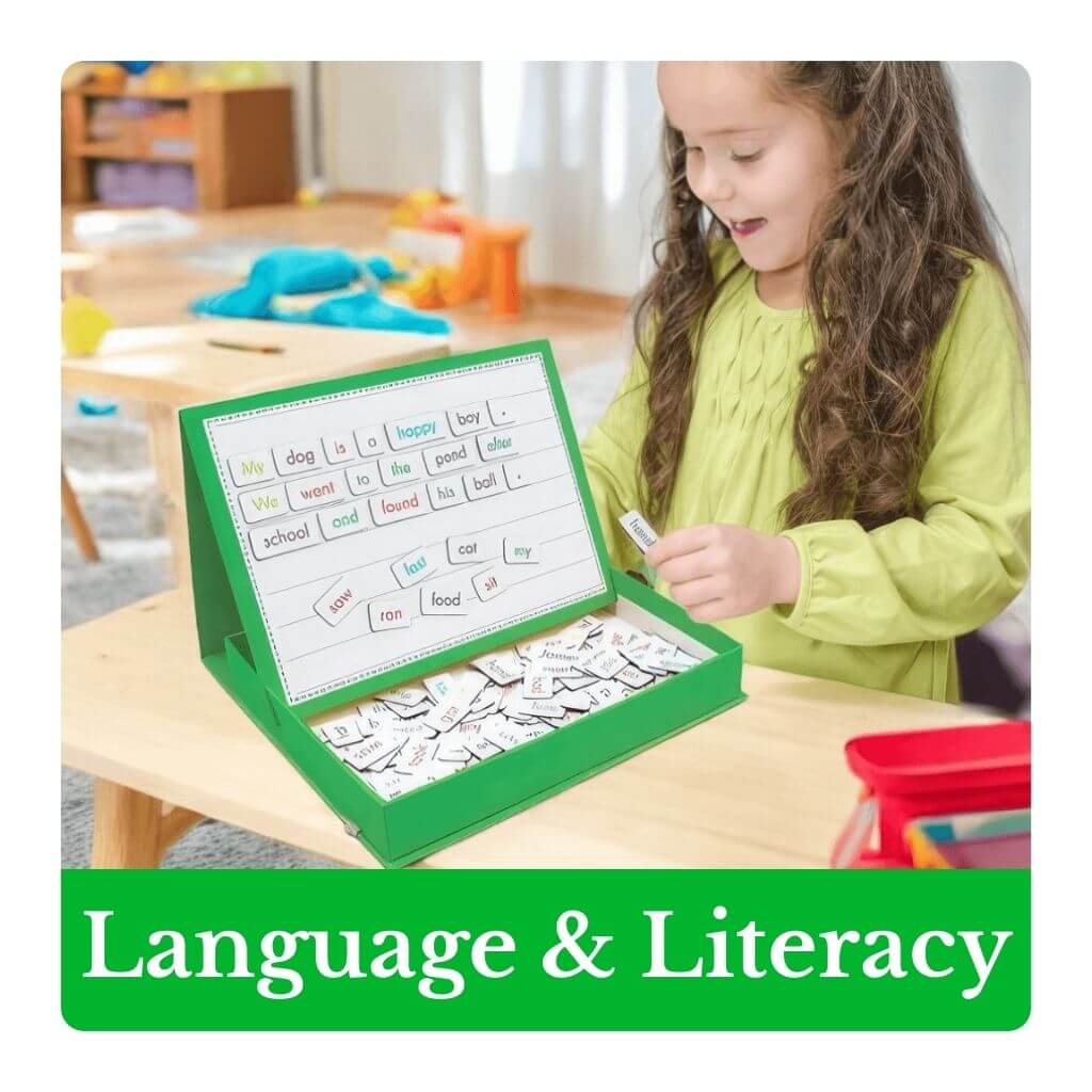 Child using a language and literacy educational tool in a classroom setting