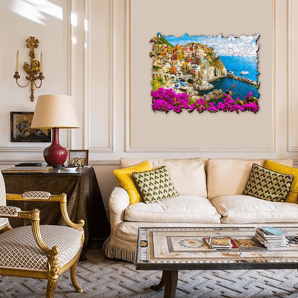 Cinque Terre puzzle mounted on a living room wall