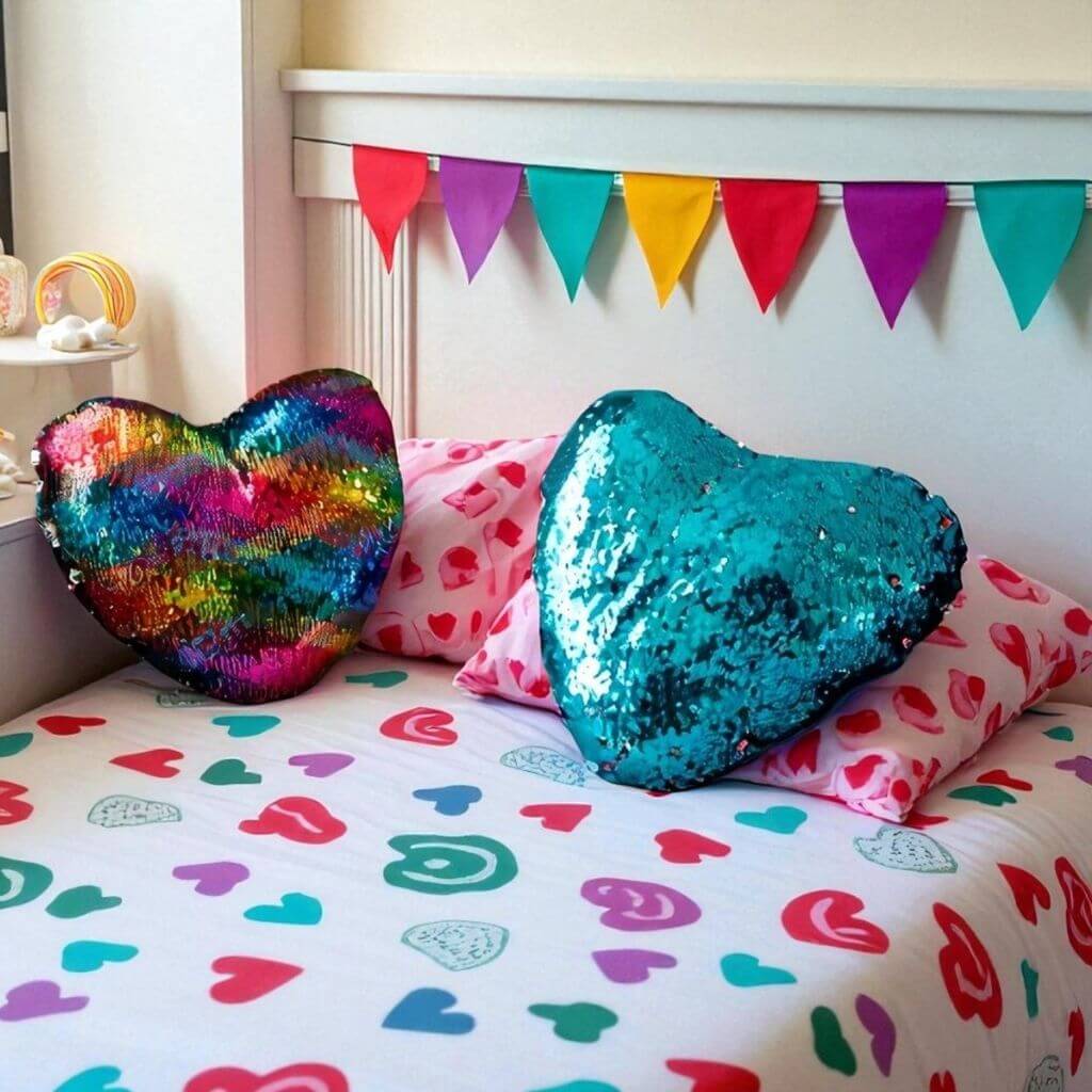 Four heart shaped sequin cushions on white background
