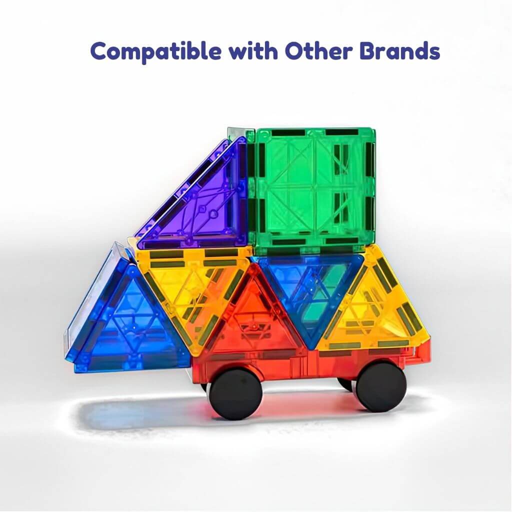 Colourful magnetic tiles car on white background