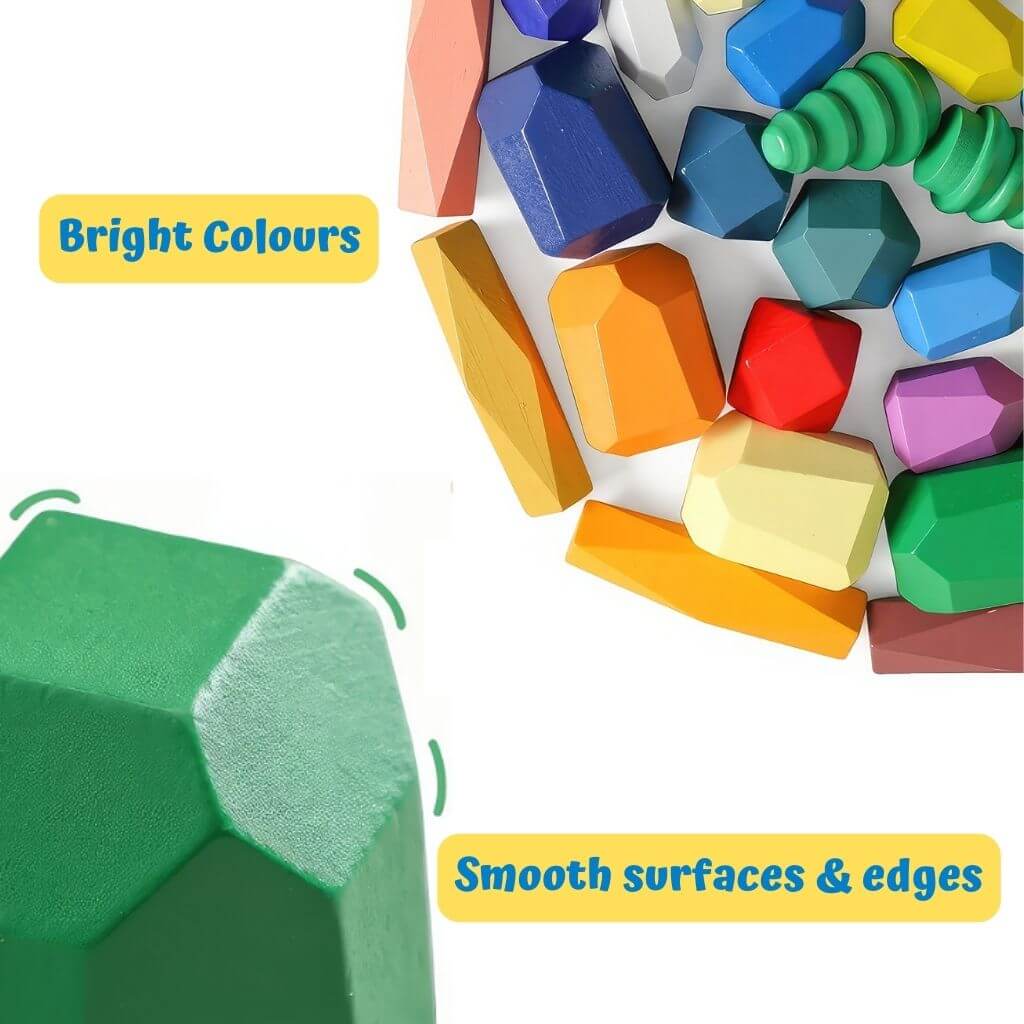 Colourful stacking stones close up on white background