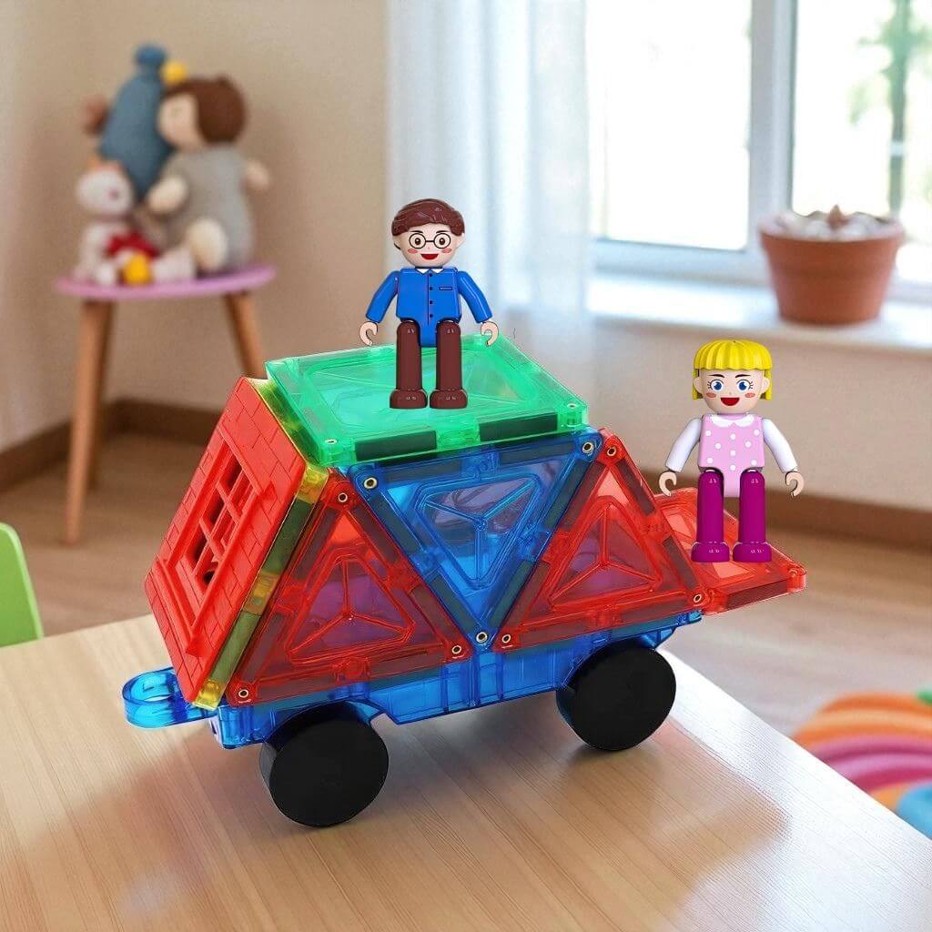 Colorful toy vehicle with magnetic figures for magnetic tiles