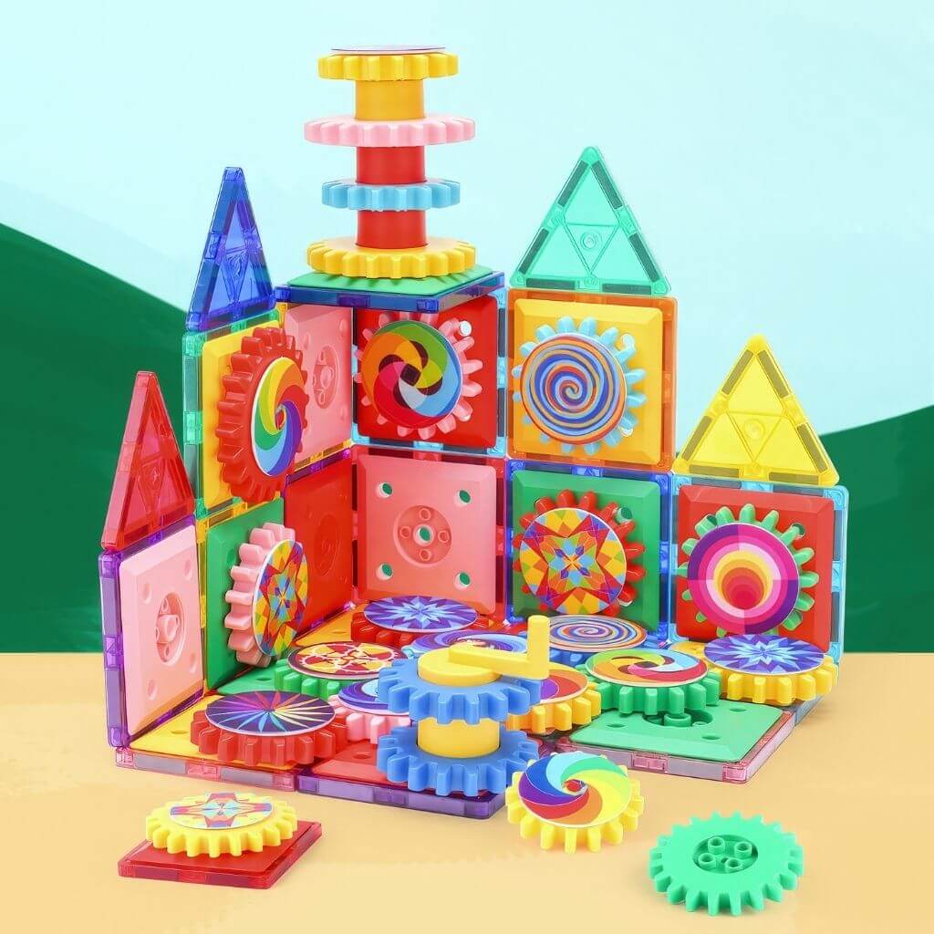 Construction made of magnetic blocks and gears on a colorful background