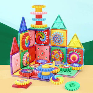 Construction made of magnetic blocks and gears on a colorful background