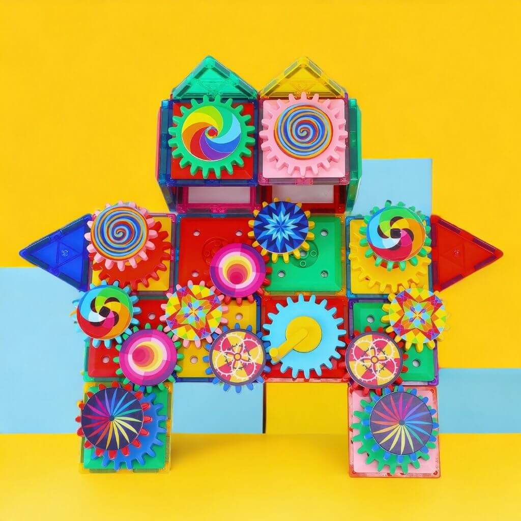 Construction made of magnetic toys for building on a yellow and blue background