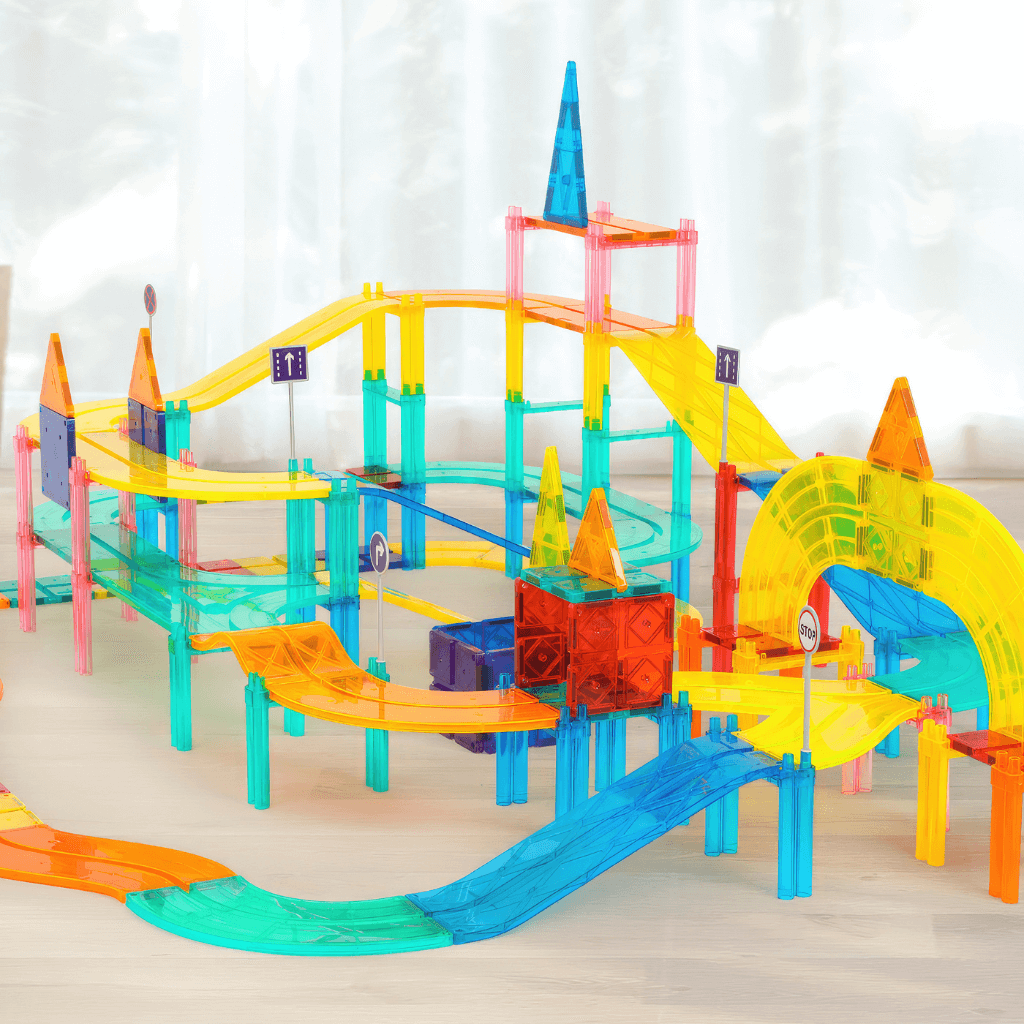 Construction made of race car track building blocks