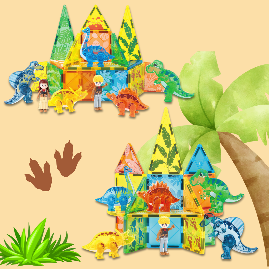 Constructions made of dinosaur magnetic tiles by Kebo