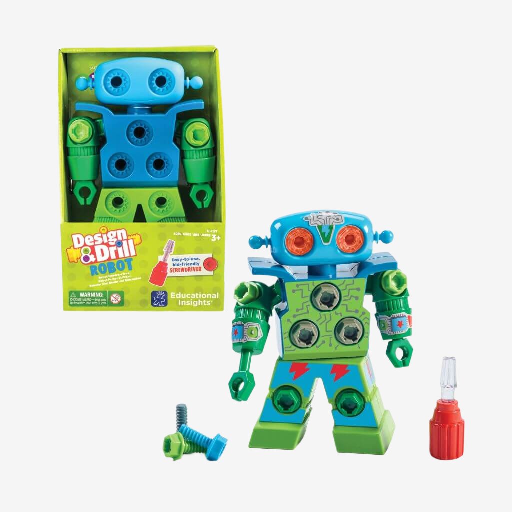 Design and Drill Robot by Educational Insights box and toy on white background