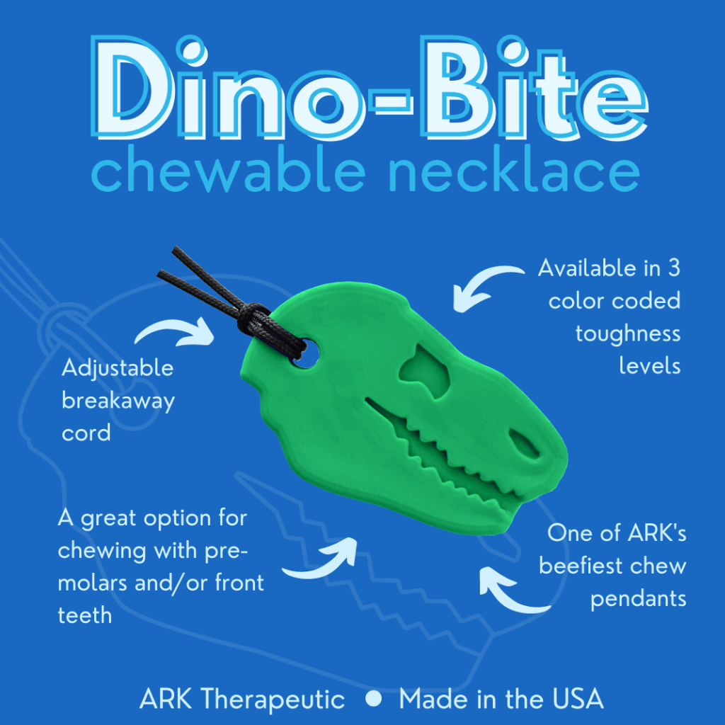 Dino Bite chew necklace by Ark info graphic