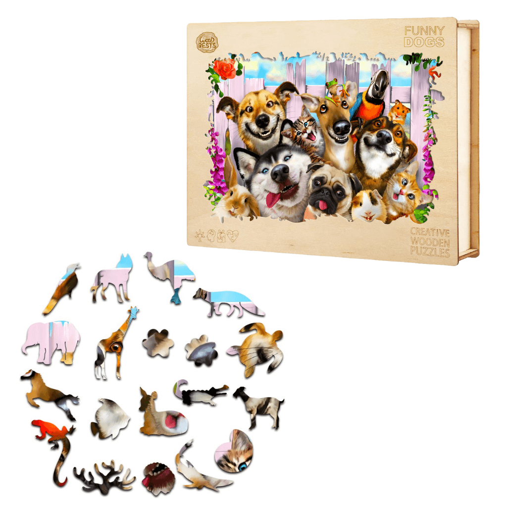 Dogs puzzle with animal shaped pieces and box on white background