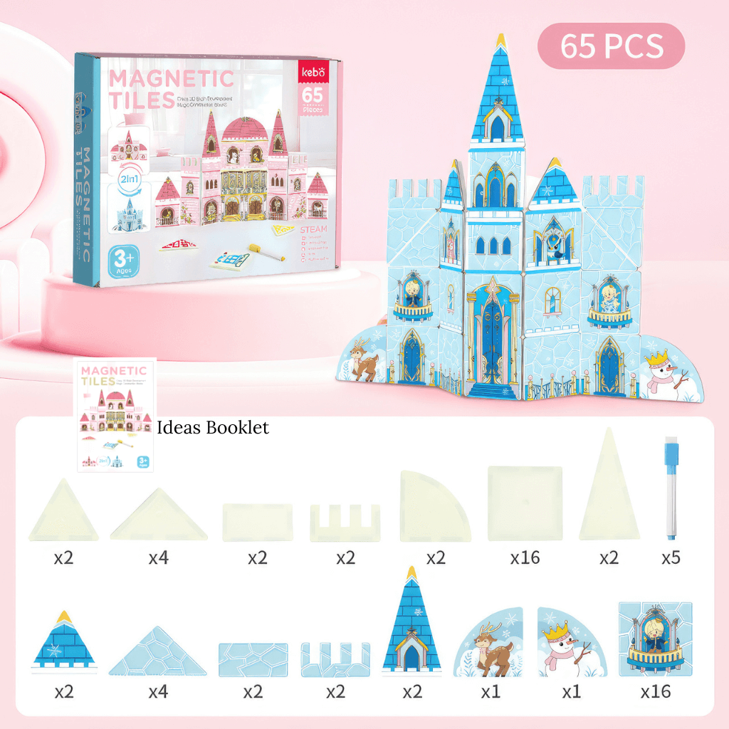 Double-sided magnetic tiles castle set with 65 pieces info-graphic