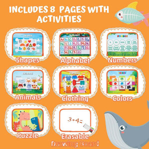 Eight activity pages from a Montessori busy book on orange background