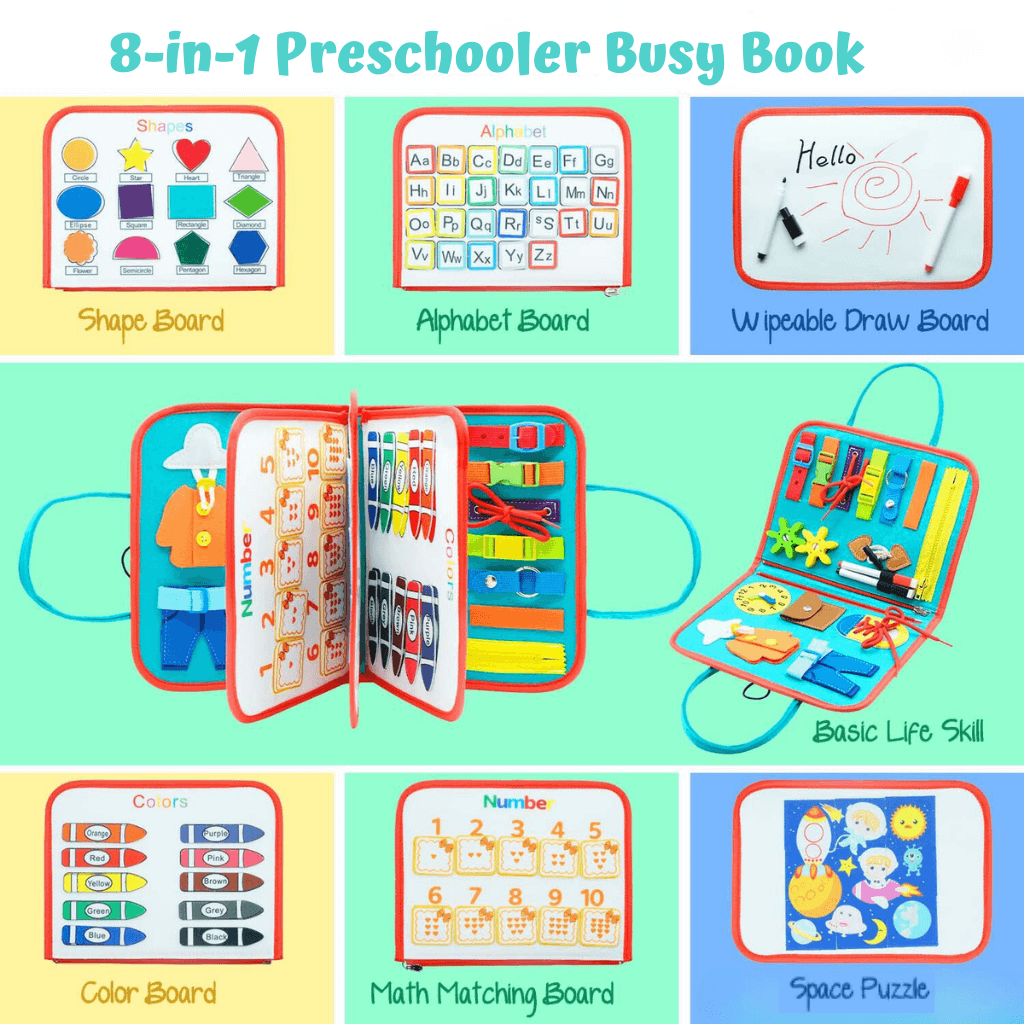 Eight activity pages from a busy book info graphic