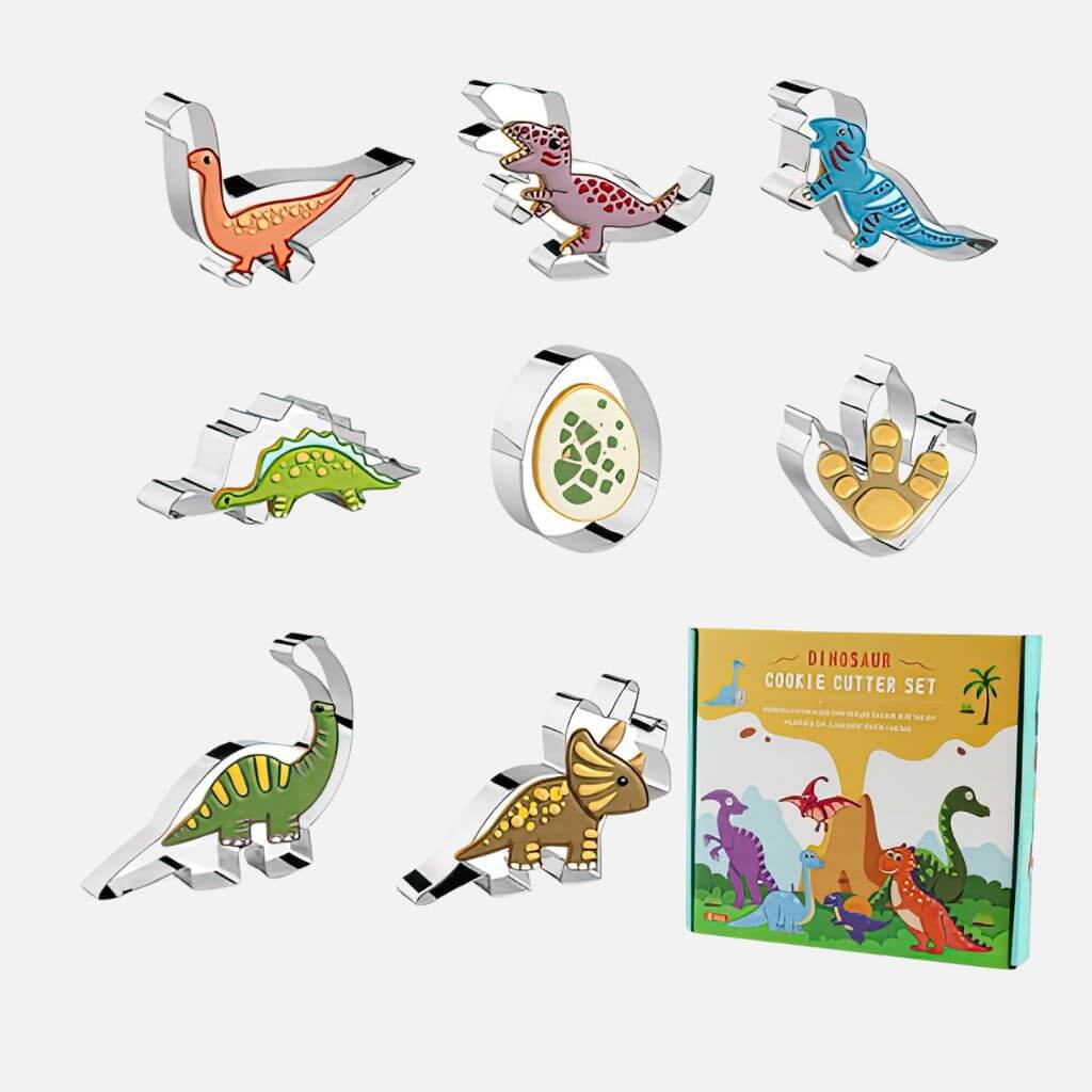 Eight dinosaur cookie cutters and box