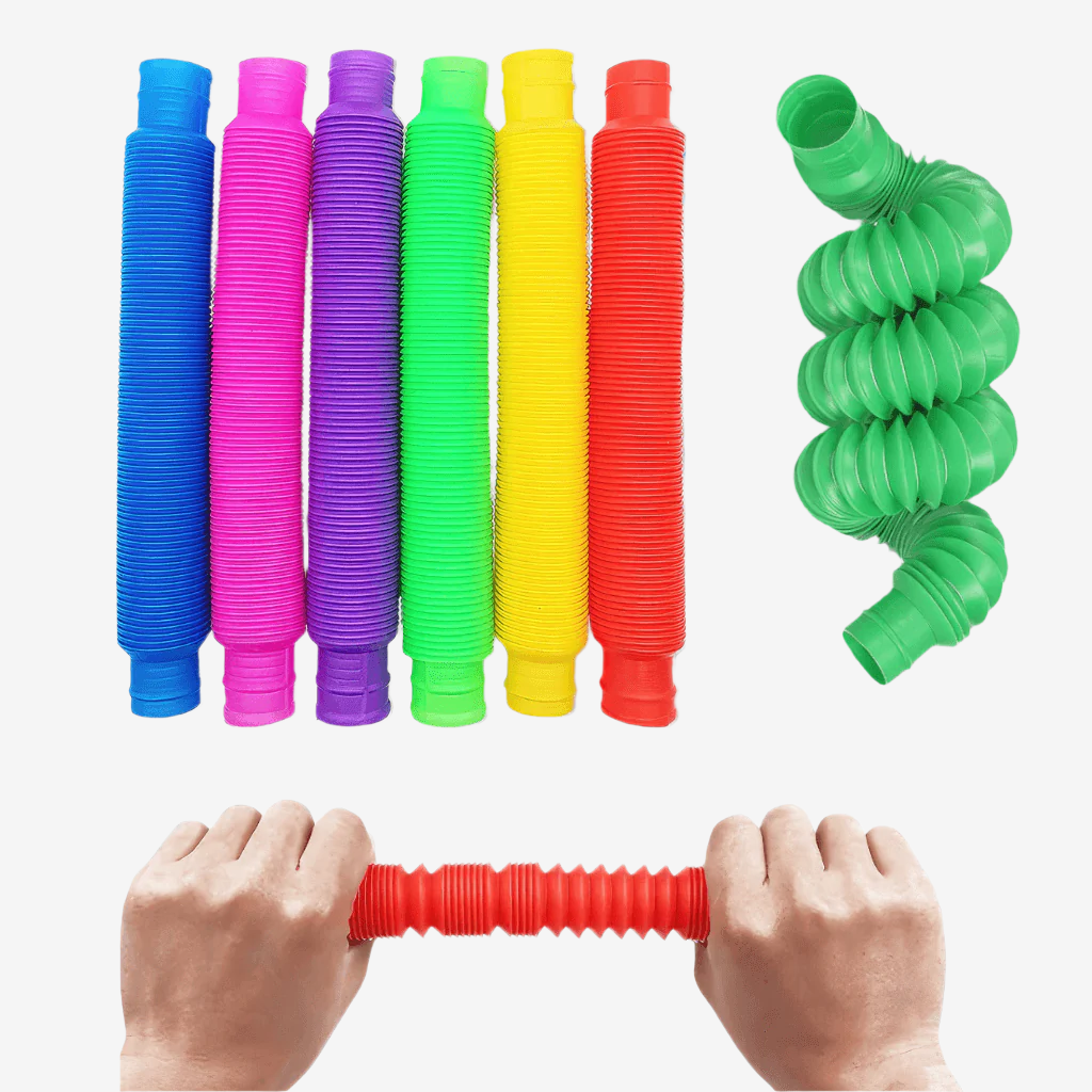 Eight pop tubes on white background