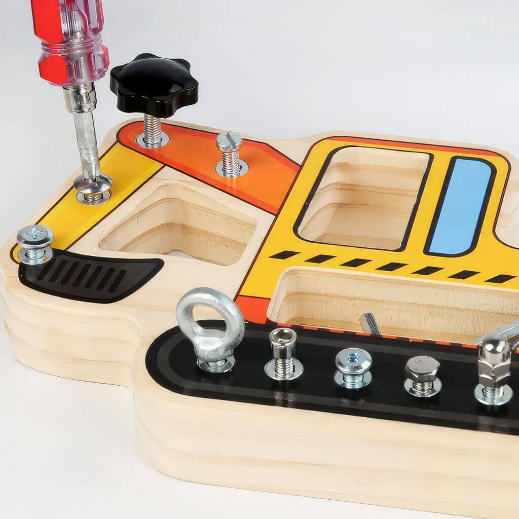 Excavator Montessori screw board close up