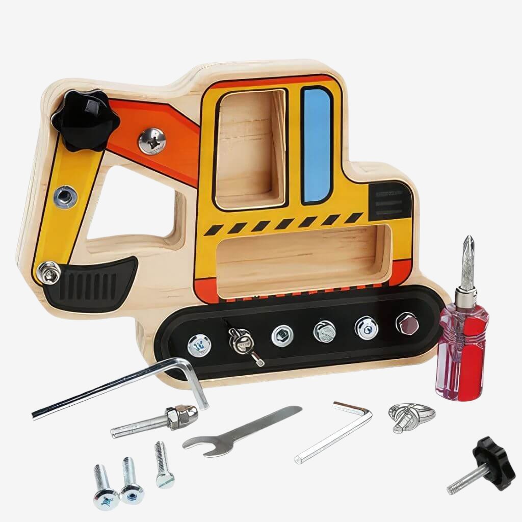 Excavator Montessori screwdriver board on white background
