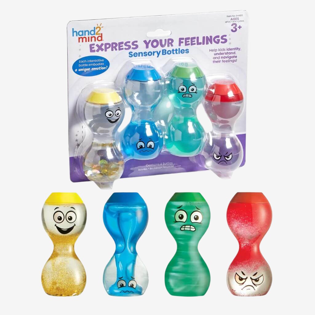 Express Your Feelings Sensory Bottles by hand2mind box and contents on white background