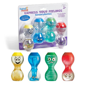 Express Your Feelings Sensory Bottles by hand2mind box and contents on white background