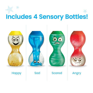 Express Your Feelings four Sensory Bottles by hand2mind happy, sad, scared, angry on white background
