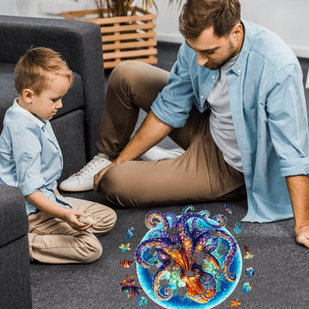 Father and son making an octopus puzzle