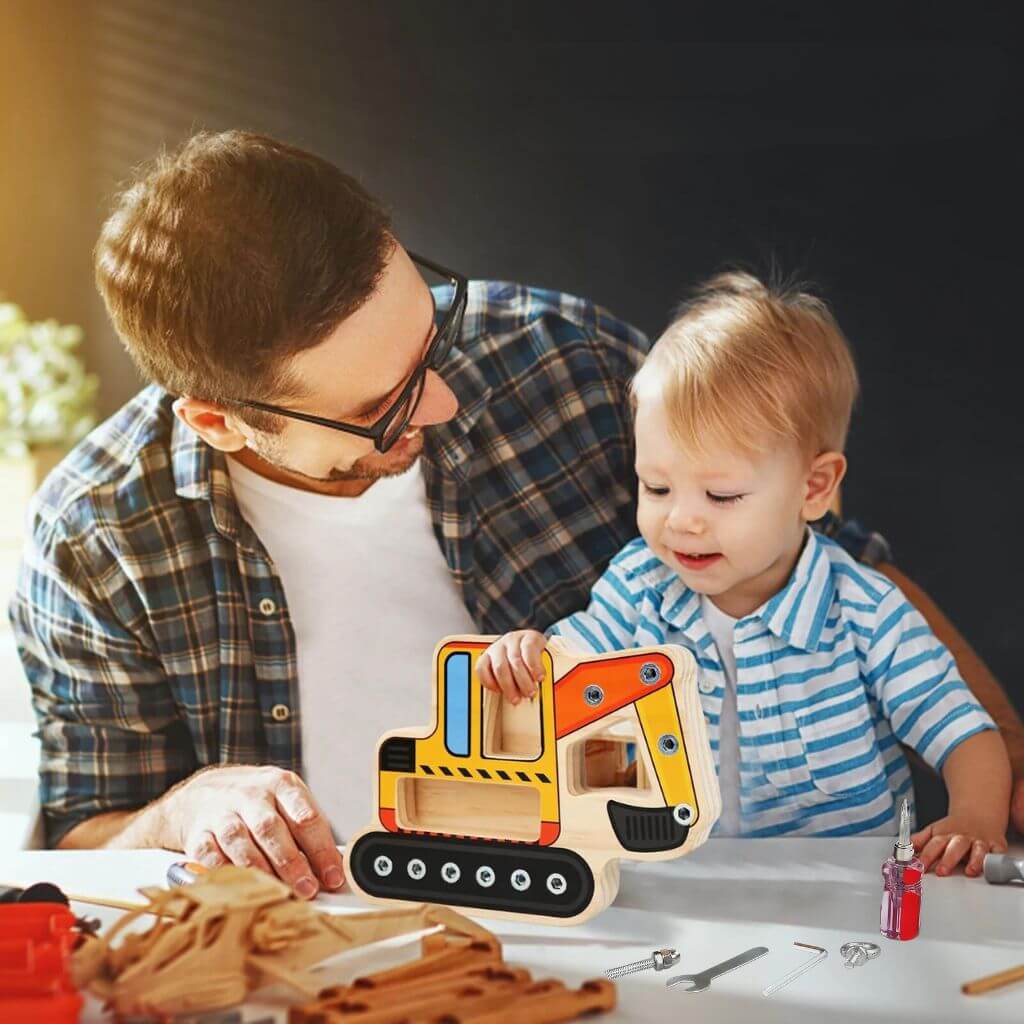 Father and son playing with a Montessori nuts and bolts board at a table