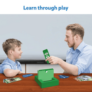 Father and son playing Skillmatics Guess in 10 Deadly Dinosaurs card game