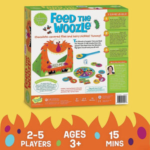 Feed the Woozle cooperative by Peaceable Kingdom back of the box on yellow background
