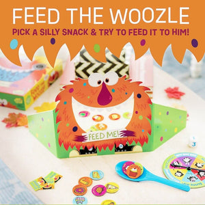 Feed the Woozle cooperative game by Peaceable Kingdom info graphic with box content
