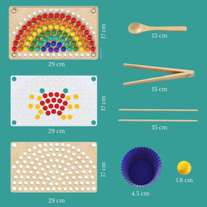 Fine motor toy with wooden balls and patterns dimensions on teal background