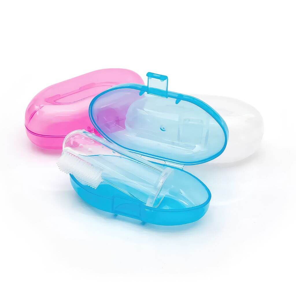 Finger toothbrush in a blue case next to pink and white cases on a white background