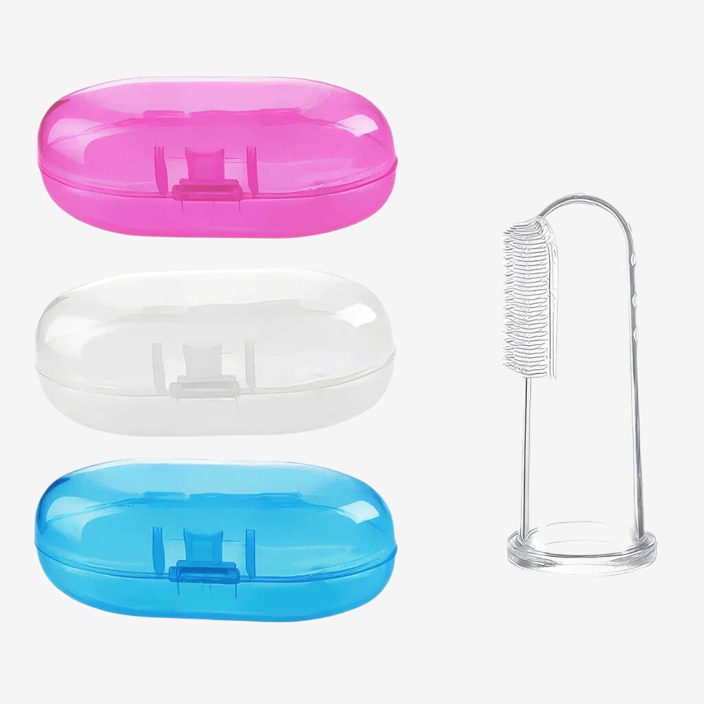 Finger toothbrush made of silicone and three colored cases on white background