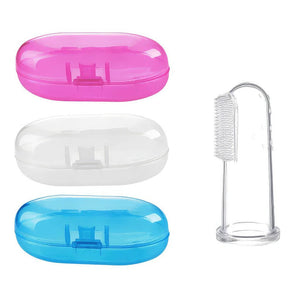 Finger toothbrush made of silicone and three colored cases on white background