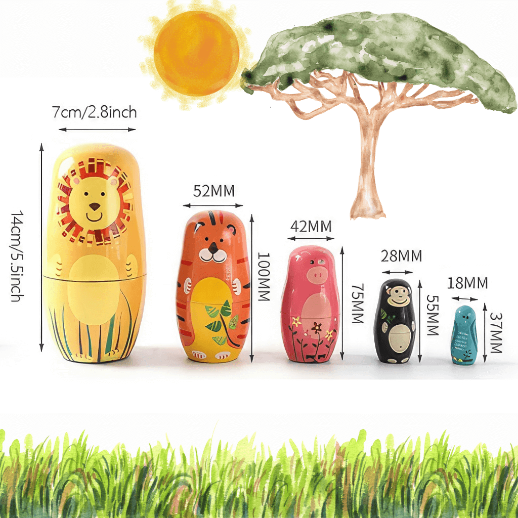 Five Russian nesting dolls with dimensions on white background with grass and tree