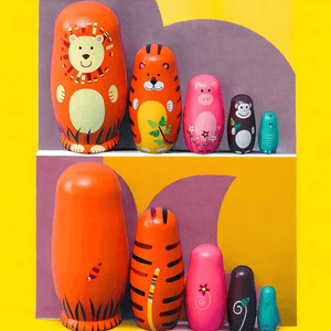 Five babushks nesting dolls front and back view on yellow background