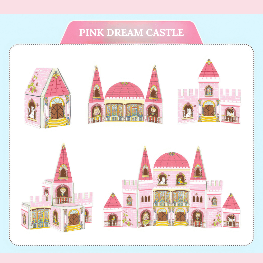 Five pink princess magnetic tiles castles
