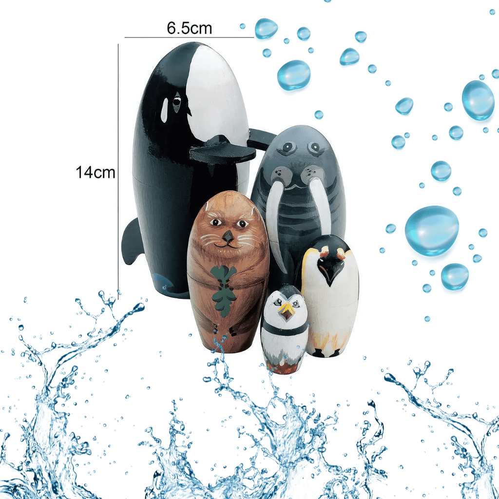 Five stacking dolls antarctic animals with dimensions on white background with water drops