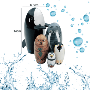 Five stacking dolls antarctic animals with dimensions on white background with water drops