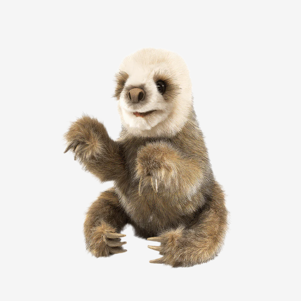 Folkmanis baby sloth hand puppet on white background