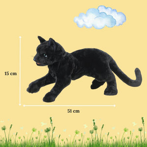 Folkmanis black cat hand puppet with dimensions on yellow background
