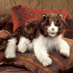 Folkmanis cat ragdoll hand puppet surrounded by pillows