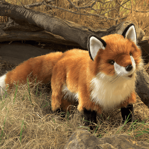 Folkmanis red fox hand puppet on the grass with a log behind