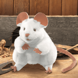 Folkmanis white mouse hand puppet with a hole in the wall background