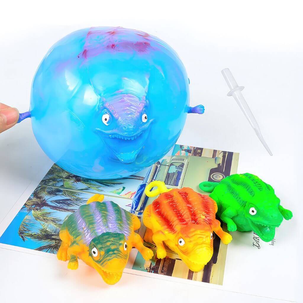 Four blow up animals on a magazine