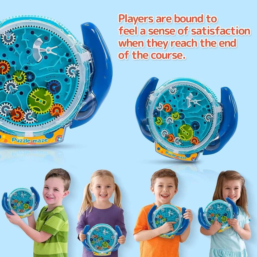 Four children playing with gear mazes