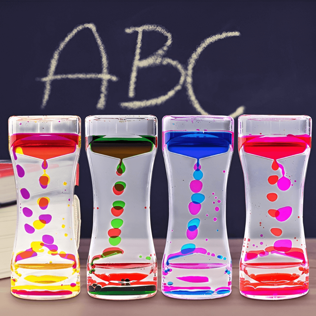 Four liquid timers in front of a black board