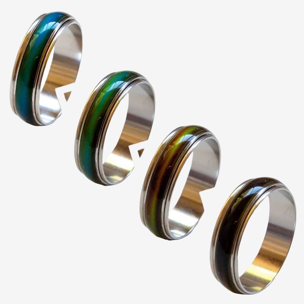 Four mood rings on white background