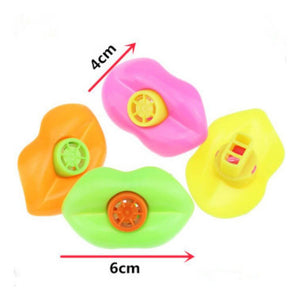 Four multicolored lip whistles with dimensions on a white background
