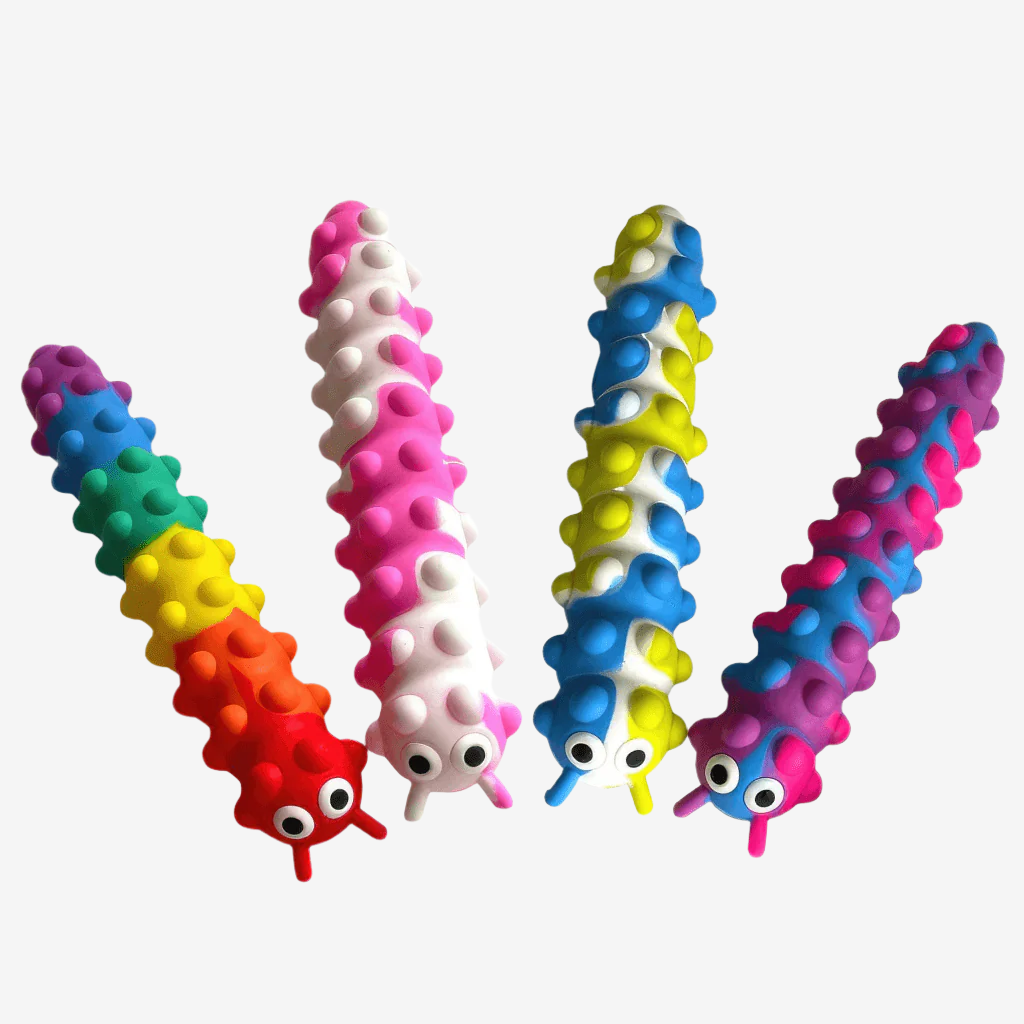 Four pop it fidget toys caterpillar on white background